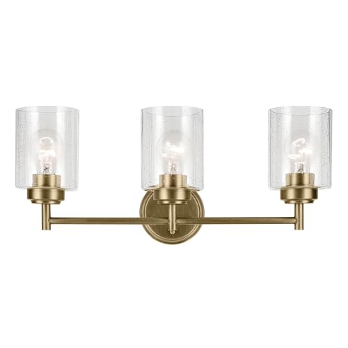 Image of Kichler Winslow 21.5 inch 3-Light Bathroom Vanity Light Fixture with Clear Seeded Glass in Natural Brass for Luxe Industrial Style Over Mirror (21.5 inch x 9.25 inch), 45886NBR