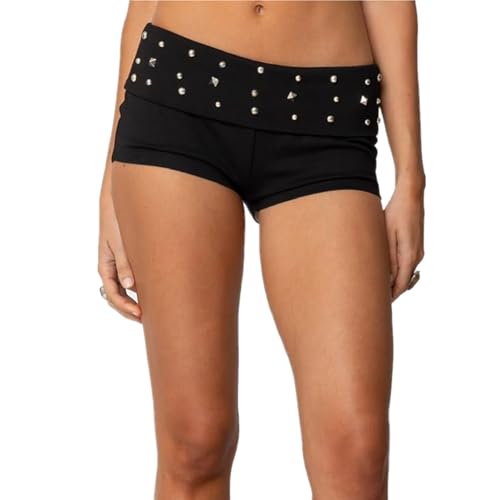 Fernvia Women Low Waist Studded Fold Over Shorts Rivet Shorts Slim Fit Boxer Short Rave Mini Bottoms (A-Black S)
