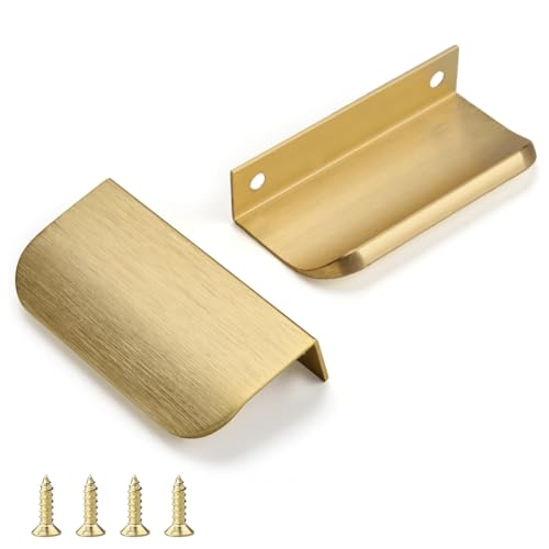 QZKJQDD 2 Pack Gold Kitchen Cupboard Handles Finger Edge Pulls for Cabinets and Drawers, 80mm Wardrobe Door Handles Modern Aluminium, Brushed Gold
