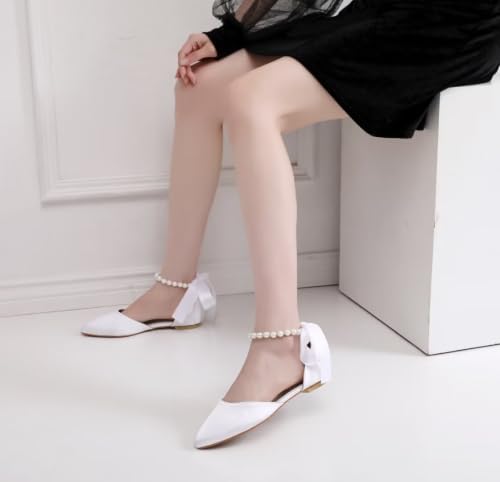 Image of Women's Bride Ballet Flats Satin Pointed Toe Pearl Ankle Strap Shoes | Satin Pointed Toe Flats; Pearl Ankle Strap Wedding Shoes