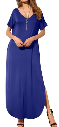 Image of GRECERELLE Women's Summer Maxi Dress Casual Loose V Neck Short Sleeve Side Split Long Dresses with Functional Pockets