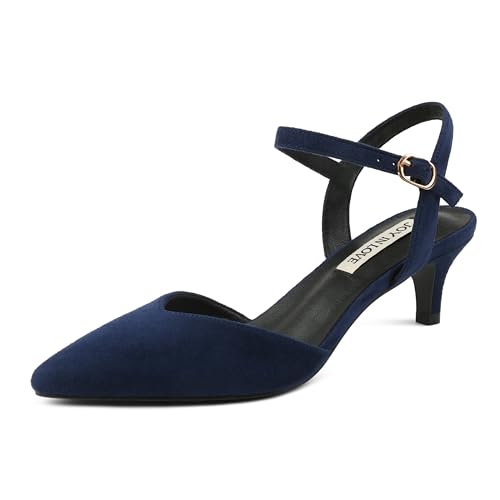 Image of JOY IN LOVE Women's Pointed Toe Kitten Heel Pumps, Ankle Strap Low Heel Work Dress Shoes