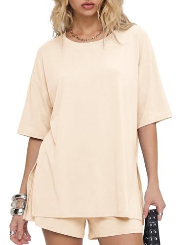 Image of Darong Women's 2 Piece Shorts Set Loungewear | oversized tshirts,crew neck top,drawstring shorts,elastic waist, side pockets,summer travel outfits