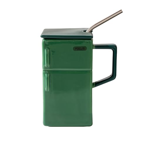 Bibykivn Tasse Rétro En Céramique En Forme De Réfrigérateur, Das Büro Ou Comme Cadeau Céramique Conception Du Réfrigérateur Avec Un Couvercle Et Une Paille 550 ml Grande Mug (Vert)