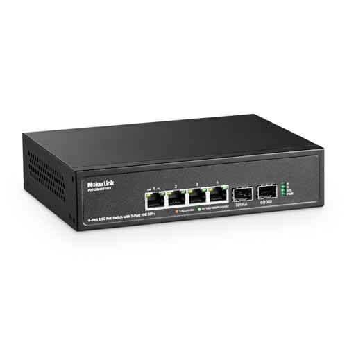 Image of MokerLink 4 Port 2.5G PoE Switch with 2 Port 10G SFP+ Slot, 4 x 2.5G Base-T Ports Compatible with 10 /100 /1000Mbps, IEEE8023af /at PoE 78W, Metal Unmanaged Fanless Small Network Switch