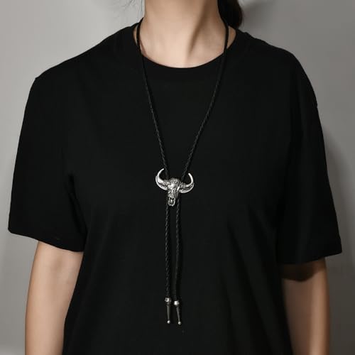Image of Joxevyia Bolo Tie for Men Vintage Cow Skull Leather Rope Western Cowboy Necktie Vintage Bola Tie Gift for Him