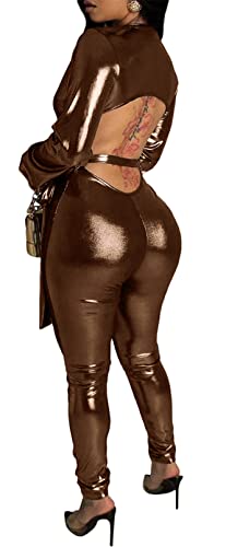 Womens Sexy Long Sleeve Deep V Neck Pu Leather Bodycon Belted Party Clubwear Jumpsuit Rompers Brown #TOP1