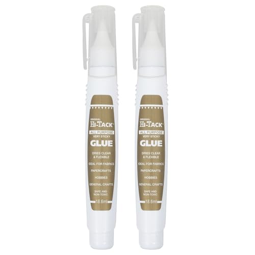 Hi-Tack Glue Pen 18.6ml 2 pack Strong Fast-Hold Adhesive for Crafting & DIY Dries Clear & Flexible Ideal for Fabric Paper Wood Metal Glass & More Non-Toxic Heat-Resistant Handwash Safe