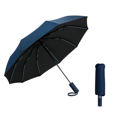 FOROLY Big Umbrella for Men, 3 Fold Auto Open Close Travel Umbrella with Reflective Stripe, Windproof Waterproof Folding Umbrella with 10 Reinforced Ribs, Compact Large Size (Blue)