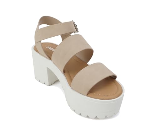 Image of Soda ACCOUNT ~ Women Open Toe Two Bands Lug sole Fashion Block Heel Sandals with Adjustable Ankle Strap