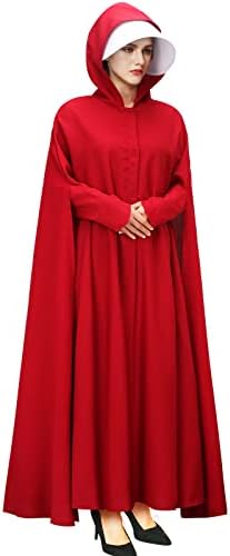 Handmaid Offred Cosplay Costume Outfit,Women Red Hooded Cape Cloak with White Bonnet for Halloween Party