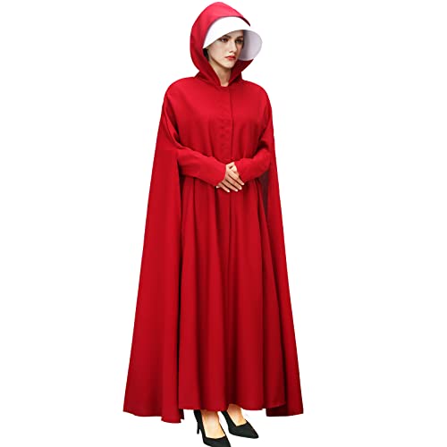 Handmaid Offred Cosplay Costume Outfit,Women Red Hooded Cape Cloak with White Bonnet for Halloween Party