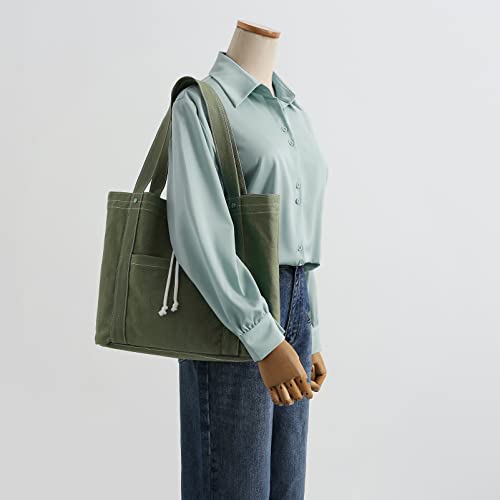 Jeelow 16 Oz Washed Canvas Tote Shoulder Bags Purse Handbag For Men & Women Double Handles (Green White String) #TOP1