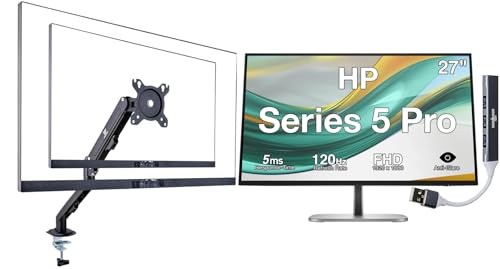 Image of HP Series 5 Pro 27 inch FHD IPS Monitor With 5ms Response Time, Anti Glare, Flicker Free, Swivel, Pivot, 350 Nits, VESA Mount (100mm), Displayport, HDMI, Black Color w /DKZ Hub & ErgoFlexy Single Mount Arm