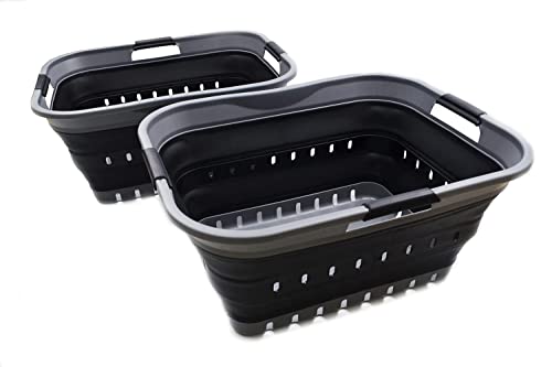 Image of SAMMART 42L (11 gallon) Collapsible Plastic Laundry Basket - Foldable Pop Up Storage Container /Organizer - Portable Basket - Space Saving Hamper /Basket (2, Grey /Black)