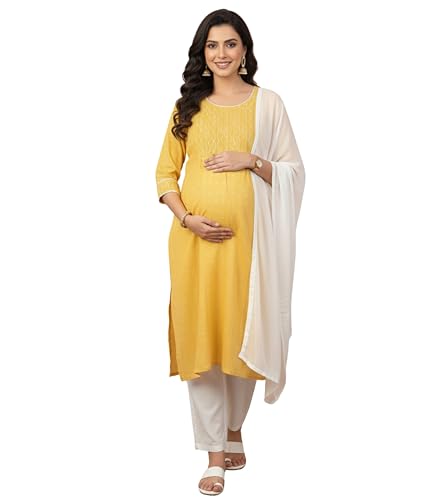 Image of DUMMY SHAPE Feeding Kurta Set for Women Cotton Blend | Floral Embroidered Pregnancy Kurta Pant Dupatta with Nursing Zippers | Pre & Post Partum | Maternity Dresses | Mom to Be Gifts