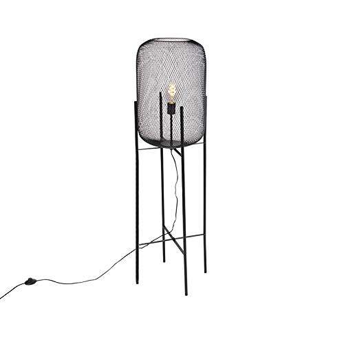 Qazqa Modern Stehleuchte, Stehlampe - Bliss_mesh - Schwarz, max. 60W, Geeignet für LED, 135cm, Ideal als Schlafzimmerlampe und Wohnzimmerlampe