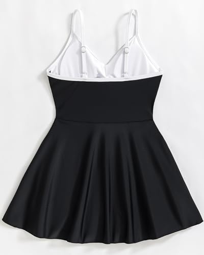 Girl Swimsuit One Piece Skirt Girls Black Swimsuit V Neck Adjustable Straps Tummy Control Girls' Swimwear 6-14 Yizuoding0013