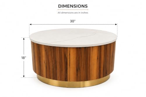 Image of WOODEN SPACE Round Marble-Top Wooden Center Table for Living Room | Modern Entryway Furniture | Coffee Table - 30X30X18 Inch (Natural Teak Wood Finish)