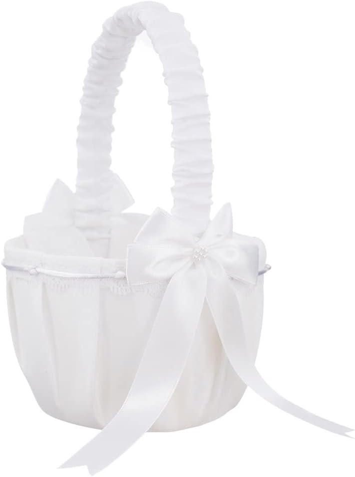 Elegant Wedding Flower Girl Basket White Cute Satin Holder Pillow Storage Party Decoration
