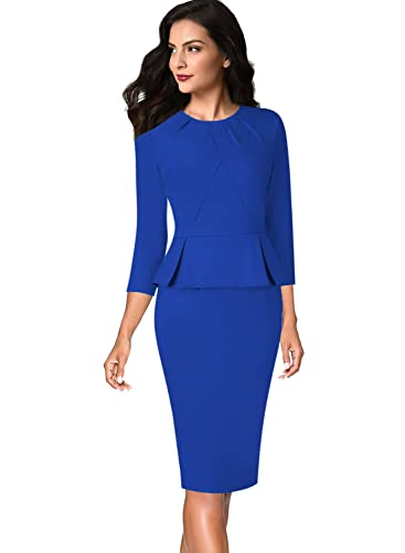 Image of VFSHOW Womens Pleated Crew Neck Peplum Slim Work Business Dress Elegant 3 /4 Sleeves Office Church Bodycon Pencil Sheath Dress