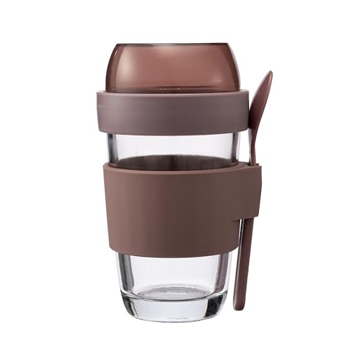 Image of Stegl Glass Yogurt & Coffee Cup 400ml with Dual-Compartment Topping Lid, One-Hand Flip Click Lock, Spoon & Silicone Sleeve - For Overnight Oats, Cereal, Fruit & Coffee Snacks