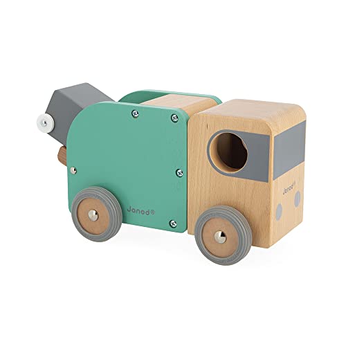 Image of Janod - Bolid Solid Wood Recycling Truck - Magnetic Bin Included - Silent Wheels - Imagination and Fine Motor Skills - Water-Based Paints - 2 Years + J04633, Green