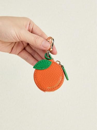 Image of Orange Shaped Coin Purse, Leather Mini Keychain Pouch with AirTag Holder, Cute Bag Charm for Coins & Small Items