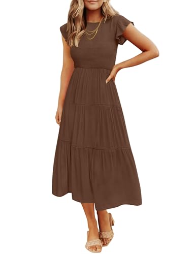 Image of ZESICA Women's 2026 Summer Casual Flutter Short Sleeve Smocked Midi Dress