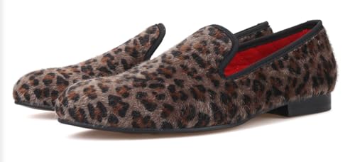 Santimon Men's Slip On Shoes Velvet Penny Loafers - Luxury Leopard Print & Two-Tone Design Suede Moccasins for Wedding & Smoking Party4
