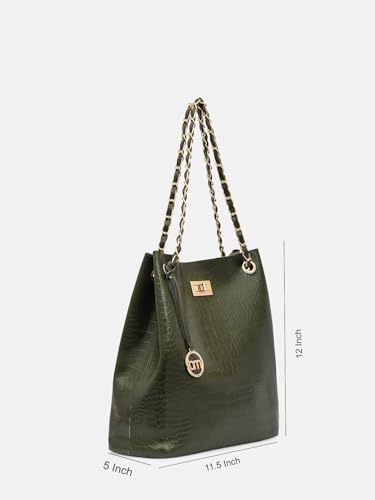 Image of Bagsy Malone Bucket Shaped Tote Bag -Set of 2 | Handcrafted Side Tote Bag for Office and College (Croco Olive)