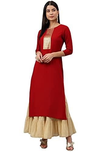 Image of Janasya Women's Maroon Rayon Solid Straight Kurta