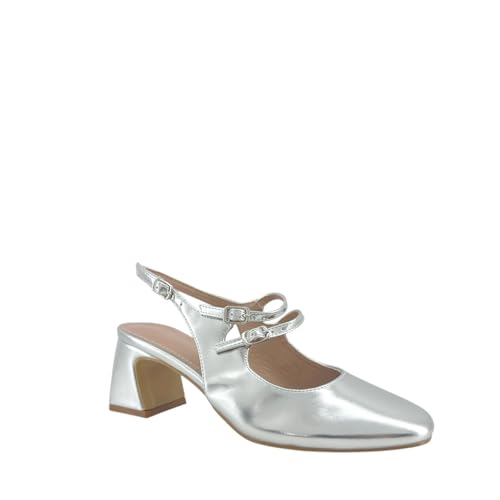 MODELISA - Zapato De Tacón Medio Salón Correas Dobles con Hebillas Boda Fiesta para Mujer (Plata, Sistema Tallas Calzado EU, Adulto, Mujer, Números, Mediano, 37)