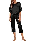 SWOMOG Womens 2 Piece Satin Pajamas Silk Short Sleeve Pjs Sets Capri Bottom Pajama Pants Loose Outfit with Pockets Black Medium