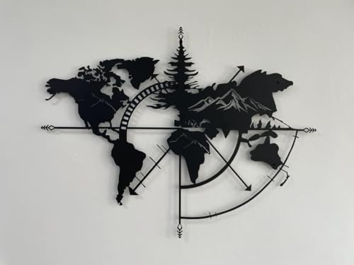 Image of World Map Wall Art World Map Mountains 3D for Home Decor | Wall Sculpture Home Decoration | Metal Art | Metal Wall Art | Home Wall Hangings Metal Decor (Black (58 x 50 cm)