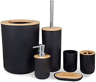 MisFox 6 Pieces Bamboo Bathroom Accessories Set, Stylish Eco-friendly Bath Accessories Include Soap Dispenser, Trash Bin4L, Toothbrush Holder, Tooth Mug, Toilet Brush & Soap Dish - Black