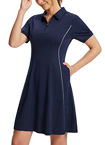 Baleaf Women's Lyocell Golf Dress Short Sleeve Polo Shirts Dress Golf Apparel Knee Length Pockets Quarter Zip Upf 50+ Navy Blue M #TOP5