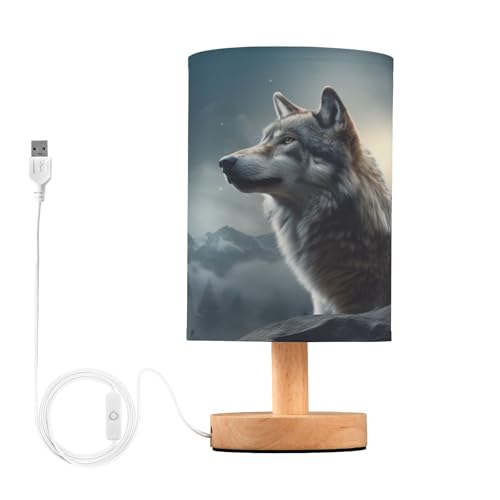 YETTASBIN Wolf Bedside Table Lamp Small LED Desk Light USB Nightstand Lamp with Non Slip Wood Base & Eye-Friendily Lampshade for Living Room Bedroom Dorm Home Office Desk Decor