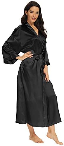 MizzGenio Women's Long Satin Robes Lightweight Long Silk Robes Full Lenth Sleepwear,Black,S/M