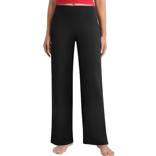 Women's Straight Leg Yoga Pants, High Waist Office Trousers, Stretchy Work Pants with Pockets
