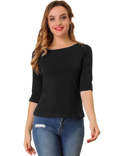 Allegra K Women's Casual Round Neck Elbow Sleeve t Shirts Slim Fit Blouses Tops Fashion