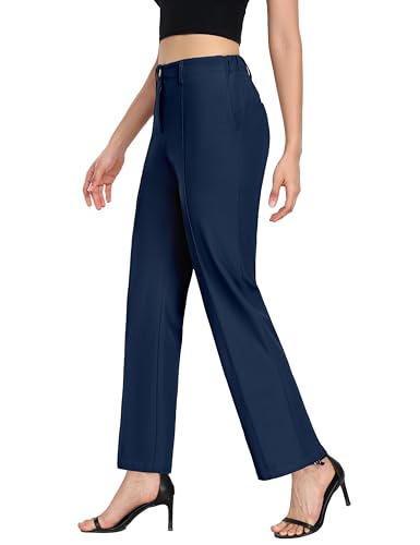 Little Donkey Andy Women's Stretchy Straight Leg Dress Pants Business Casual Elastic Waist Cropped Work Pants with Pockets Blue M2