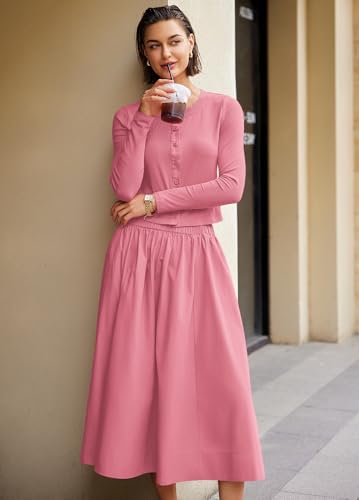 Image of Panadila Womens 2 Piece Lounge Sets Matching Vacation Outfits Ribbed Button Down Cardigan and Elastic Waist Skirt Sets