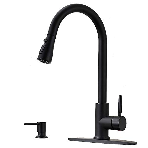 Up To 40% OFF HOSINO Single Handle Pull Out Sprayer Kitchen Faucet with Soap Dispenser High Arch Single Handle Stainless Steel Pull Down Sprayer Kitchen Sink Faucet, Matte Black