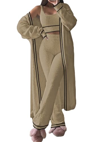 Image of Fixmatti Women's Fuzzy 3 Piece Sweatsuit Open Front Cardigan Crop Tank Tops Wide Legs Pants Lounge Sets