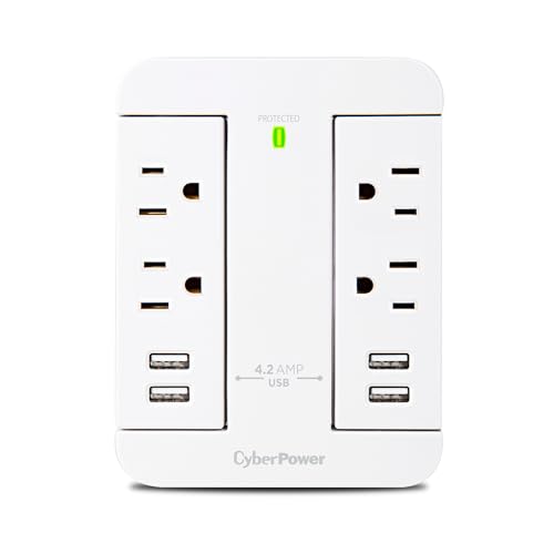 Image of CyberPower P4WSU Professional Surge Protector, 900J /125V, 4 Swivel Outlets, 4 USB Charge Ports, Wall Tap Design, White | 900J /125V, 4 Swivel Outlets, 4 USB Charge Ports, Wall Tap Design, White, UL Listed