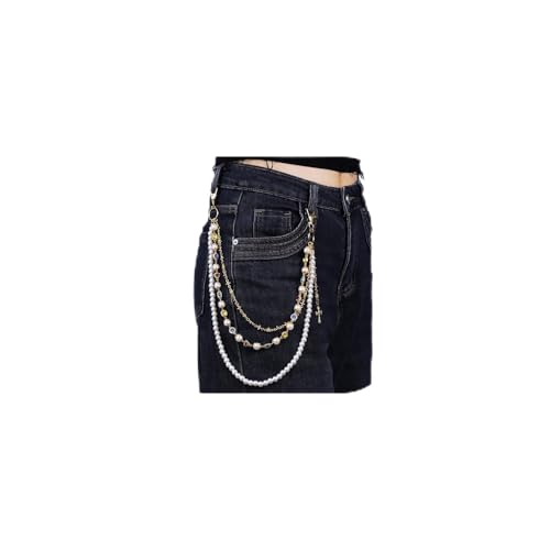 Image of Y2K Pearl Pants Chain Streetwear Jewelry- Unisex Layered Wallet Chain with Heart Cross Pendant, Punk Aesthetic Jeans Keychain Accessory for Men Women