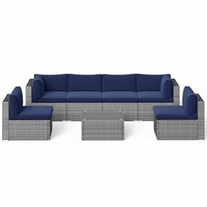 SUNVIVI OUTDOOR 7 Piece Patio Furniture Sets All Weather Grey PE Wicker Couch Sofa with Glass Table, Removable Navy Blue Cushions