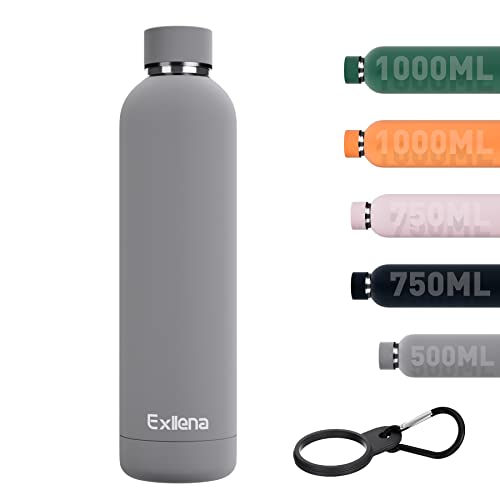 Exllena Insulated Water Bottles 1l with Clip, Double Wall Vacuum Drinks Bottle Keeps Drinks Cold 24 Hrs/Hot 12 Hrs