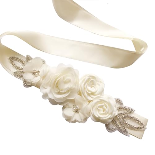 Wisafory Cinturón de novia con flores y perlas para mujer, cinturón con diamantes de imitación, cinturón de cintura, banda de satén, para bodas, fiestas, 270 cm, color blanco